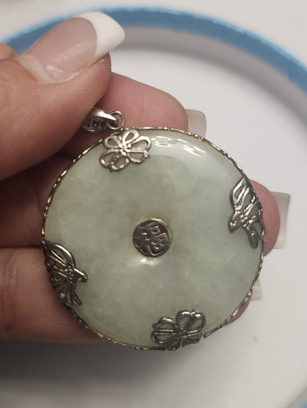 Vintage Chinese Green Jade Sterling Silver Disc Pendant Good Fortune 1990's